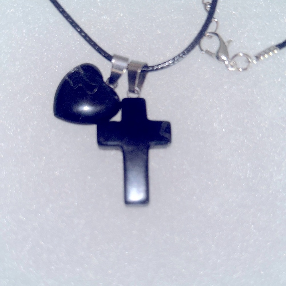 Gothic Onyx Heart and Cross on Black Cord 18-20” Necklace
